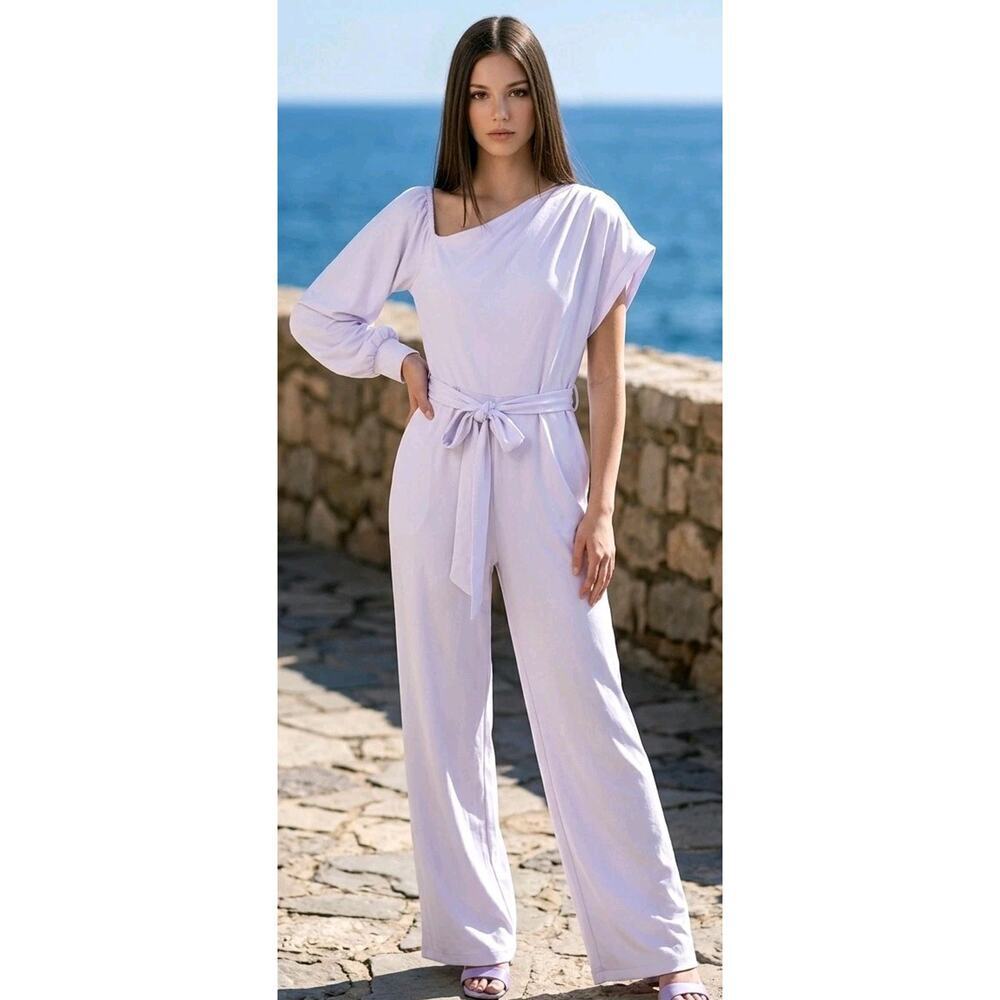 White Poly Spandex Jumpsuit Flare Leg HiLo Sleeves Belted 26" Inseam. RESORT NEW